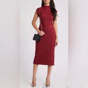 Open Edit Smooth Edit Funnel Neck Midi Dress in Red Maroon Burgundy SZ Small